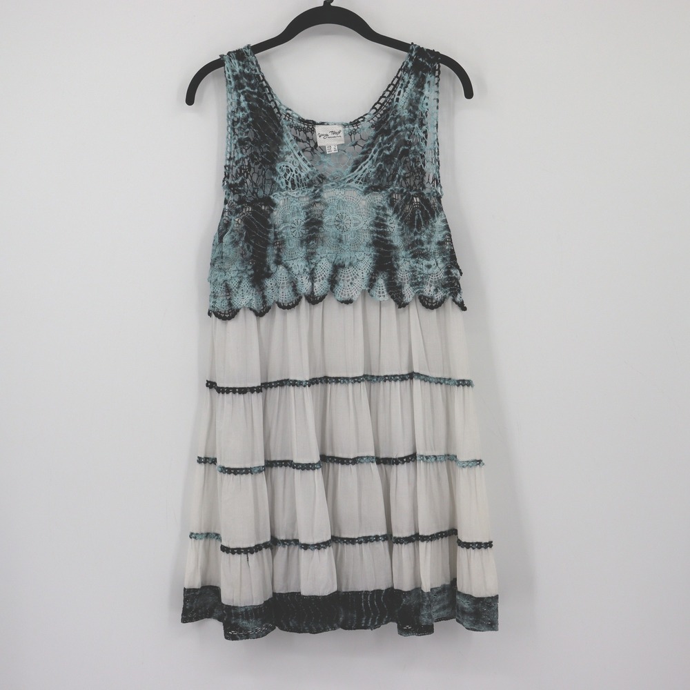 Young Threads Crochet Tank Dress Womens‎ L White Boho Babydoll Hippie Tie Dye